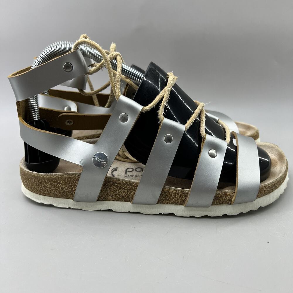 Birkenstock Papillio Cleo Sandals Women Size 6 Silver Ankle Lace Comfort Shoes